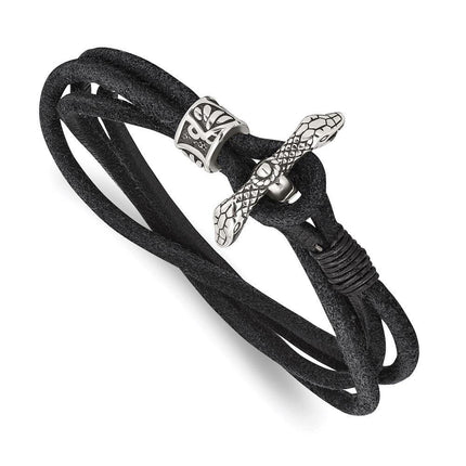 Stainless Steel Antiqued & Polished Snake Suede 16.5in Wrap Bracelet ,