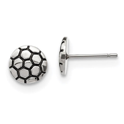 Stainless Steel Antiqued and Polished Soccer Ball Post Earrings ,