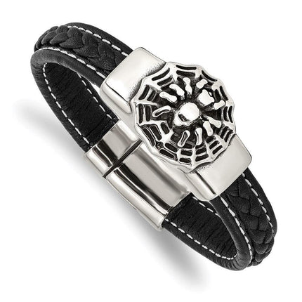 Stainless Steel Antiqued & Polished Spider Blk Faux Leather 8.5in Bracelet ,