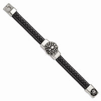 Stainless Steel Antiqued & Polished Spider Blk Faux Leather 8.5in Bracelet ,