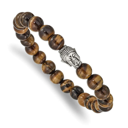 Stainless Steel Antiqued & Polished Tiger's Eye Buddha Stretch Bracelet ,