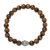 Stainless Steel Antiqued & Polished Tiger's Eye Buddha Stretch Bracelet ,