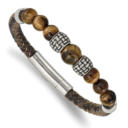 Stainless Steel Antiqued and Polished Tiger's Eye Leather 8.5in Bracelet ,