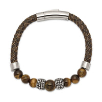 Stainless Steel Antiqued and Polished Tiger's Eye Leather 8.5in Bracelet ,