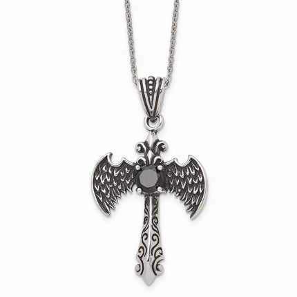 Stainless Steel Antiqued and Polished w/ Black CZ Cross Necklace ,