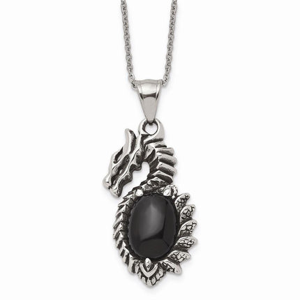 Stainless Steel Antiqued & Polished w/ Black Glass Dragon Necklace ,