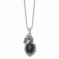 Stainless Steel Antiqued & Polished w/ Black Glass Dragon Necklace ,