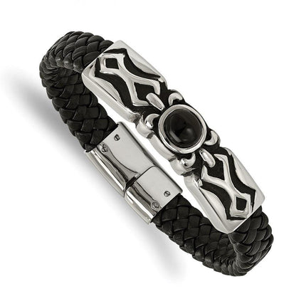 Stainless Steel Antiqued & Polished w/ Blk Onyx Leather Bracelet ,