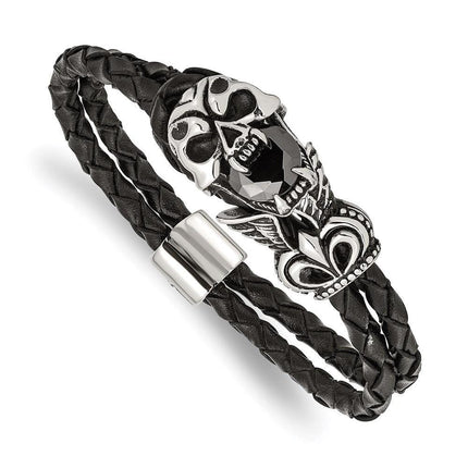 Stainless Steel Antiqued and Polished w/ Glass Leather Bracelet ,