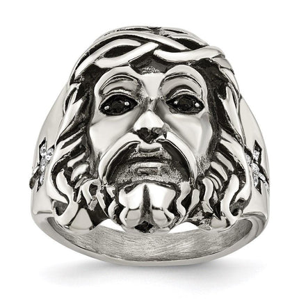 Stainless Steel Antiqued and Polished w/Black & White Crystal Jesus Ring ,