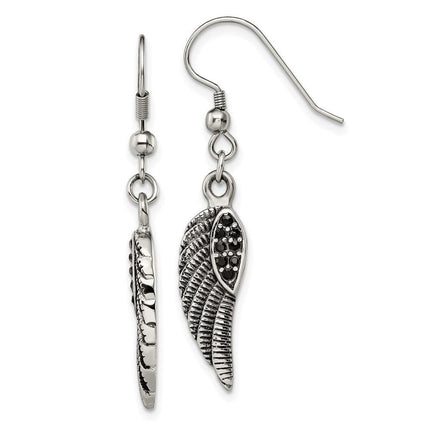 Stainless Steel Antiqued & Polished w/Black Crystal Wings Dangle Earrings ,