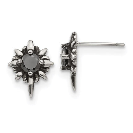 Stainless Steel Antiqued and Polished w/Black CZ Post Earrings ,