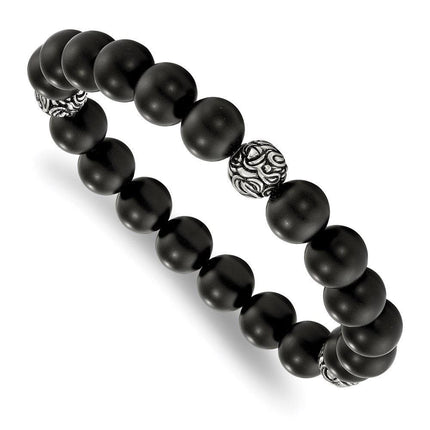 Stainless Steel Antiqued and Polished w/Blk Agate Beads Stretch Bracelet ,