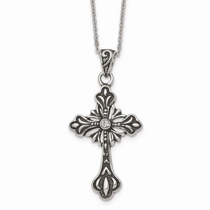 Stainless Steel Antiqued and Polished w/Crystal Cross Necklace ,