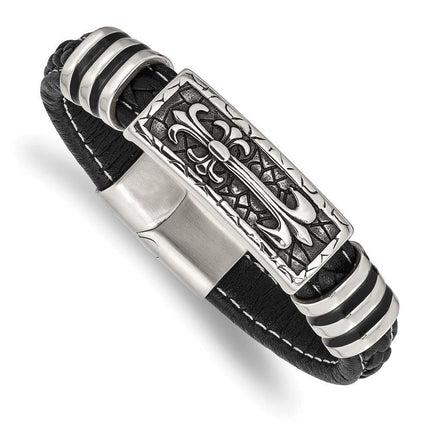 Stainless Steel Antiqued & Polished w/Enamel Faux Leather 8.5in Bracelet ,