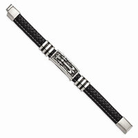 Stainless Steel Antiqued & Polished w/Enamel Faux Leather 8.5in Bracelet ,