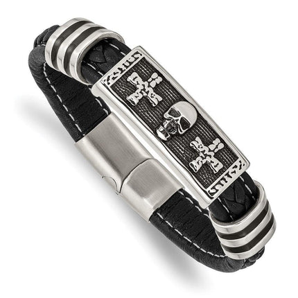 Stainless Steel Antiqued & Polished w/Enamel Skull Faux Leather Bracelet ,