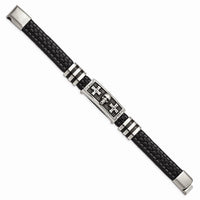 Stainless Steel Antiqued & Polished w/Enamel Skull Faux Leather Bracelet ,