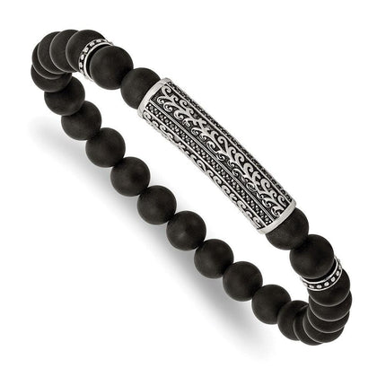Stainless Steel Antiqued & Polished with Black CZ & Agate Stretch Bracelet ,