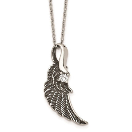 Stainless Steel Antiqued and Polished with Crystal Wing Necklace ,