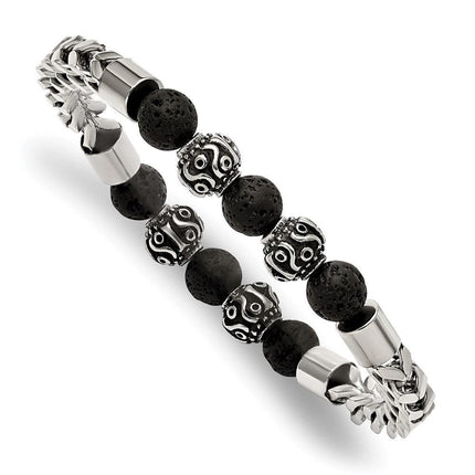 Stainless Steel Antiqued & Polished w/Lava Stone Beads Stretch Bracelet ,