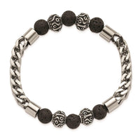 Stainless Steel Antiqued & Polished w/Lava Stone Beads Stretch Bracelet ,