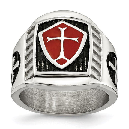 Stainless Steel Antiqued and Polished w/Red Enamel Cross/Shield Ring ,