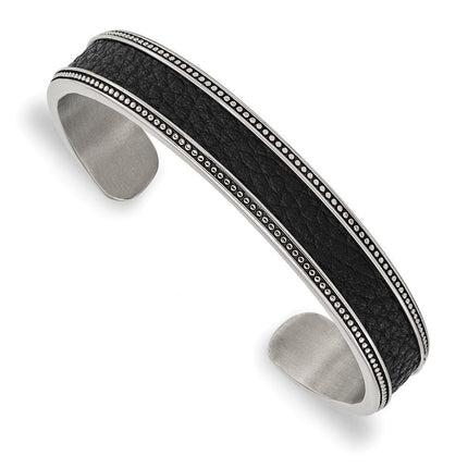Stainless Steel Antiqued & Polished w/Textured Leather Inlay 12mm Bangle ,