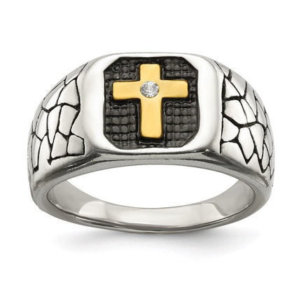 Stainless Steel Antiqued & Polished Yellow IP-plated w/Crystal Cross Ring ,