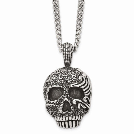 Stainless Steel Antiqued & Textured Skull 24in Necklace ,