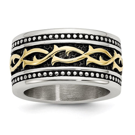Stainless Steel Antiqued and Yellow IP-plated 13.25mm Ring ,
