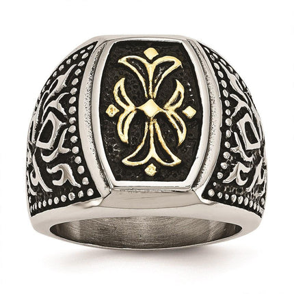 Stainless Steel Antiqued & Yellow IP-plated Cross Ring ,