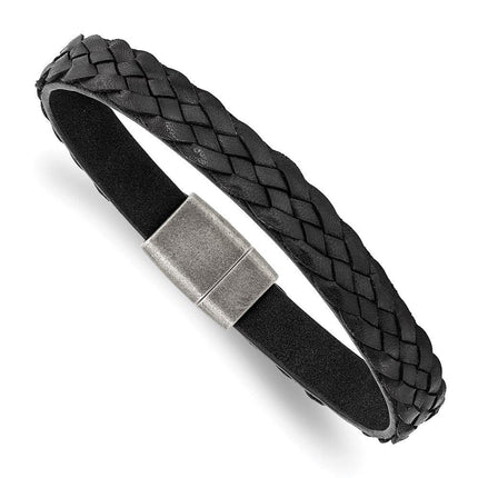 Stainless Steel Antiqued Black Braided Leather 8.25in Bracelet ,