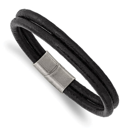 Stainless Steel Antiqued Black Leather 2-Strand 8.25in Bracelet ,