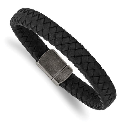 Stainless Steel Antiqued Black Leather 8.25in Bracelet ,