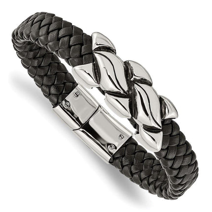 Stainless Steel Antiqued Black Leather Bracelet ,