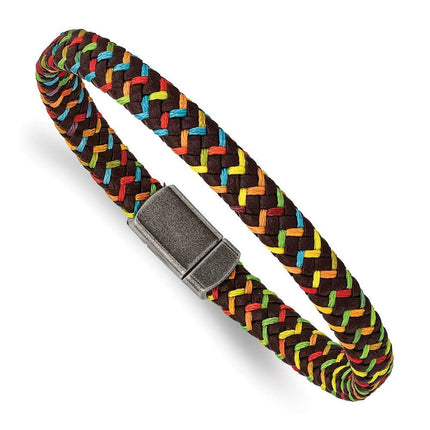 Stainless Steel Antiqued Brown Leather with Multi-colored Nylon Bracelet ,