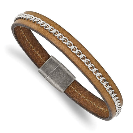Stainless Steel Antiqued Brushed & Polished Brown Leather & Chain Bracelet ,