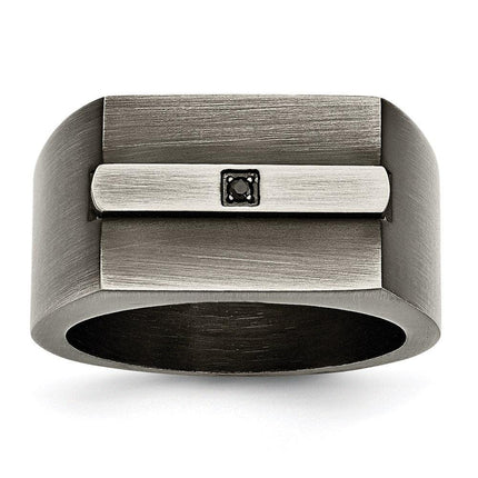 Stainless Steel Antiqued Brushed w/Black CZ Ring ,
