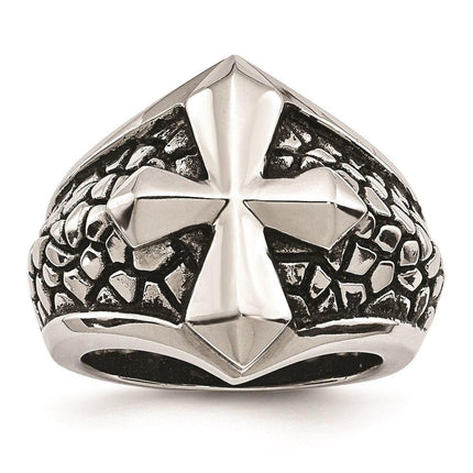 Stainless Steel Antiqued Cross & Caviar Ring ,