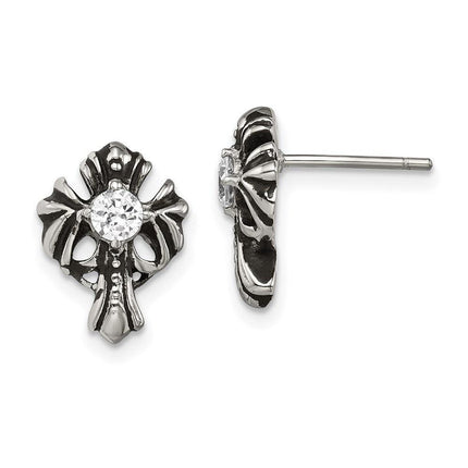 Stainless Steel Antiqued Cross with CZ Post Earrings ,