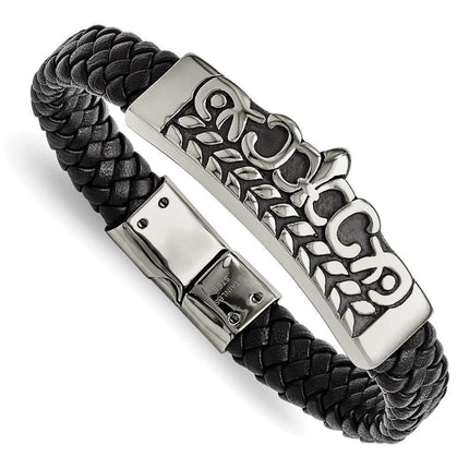Stainless Steel Antiqued Fleur de Lis Black Leather Bracelet ,
