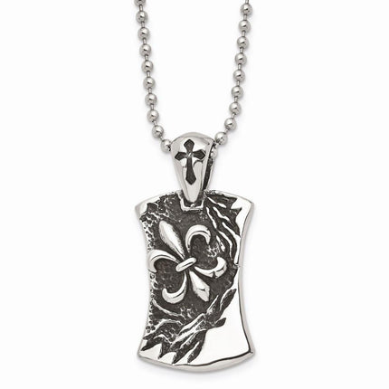 Stainless Steel Antiqued Fleur de lis Dog Tag 22in Necklace ,
