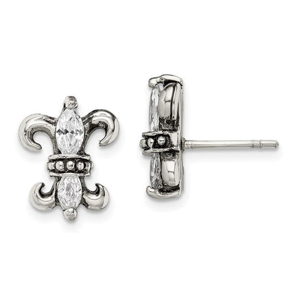 Stainless Steel Antiqued Fleur de lis with CZ Post Earrings ,