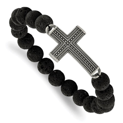 Stainless Steel Antiqued GunMetal IP w/Lava Stone Cross Stretch Bracelet ,