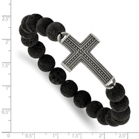 Stainless Steel Antiqued GunMetal IP w/Lava Stone Cross Stretch Bracelet ,