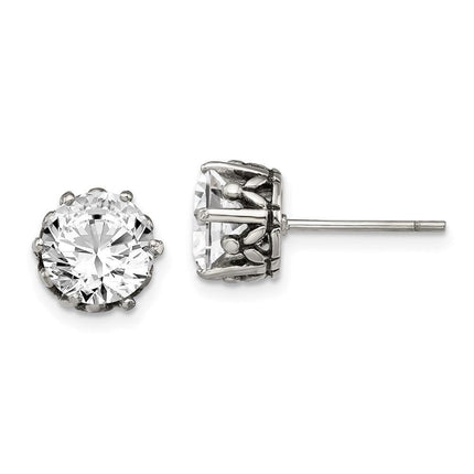Stainless Steel Antiqued Round CZ Post Earrings ,