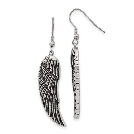 Stainless Steel Antiqued Shepherd Hook Dangle Wing Earrings ,
