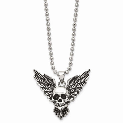 Stainless Steel Antiqued Skull with Wings Polished Necklace ,