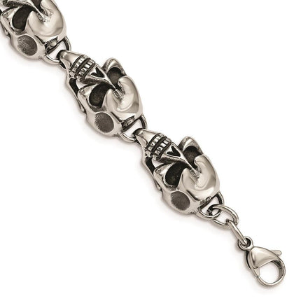 Stainless Steel Antiqued Skulls 8.5in Bracelet ,